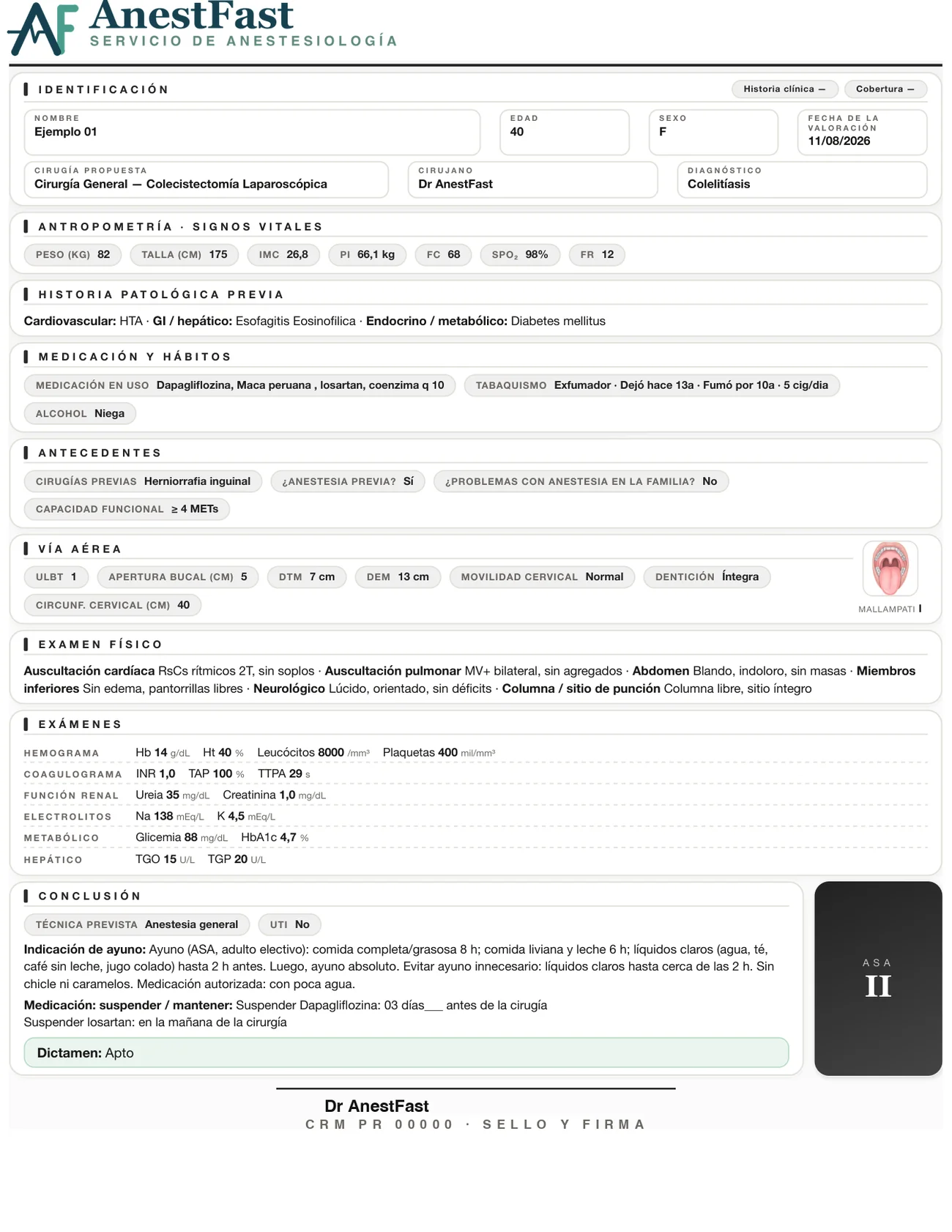 Valoración preanestésica en PDF: identificación, antropometría, historia patológica, medicamentos, vía aérea, examen físico, exámenes y conclusión con firma