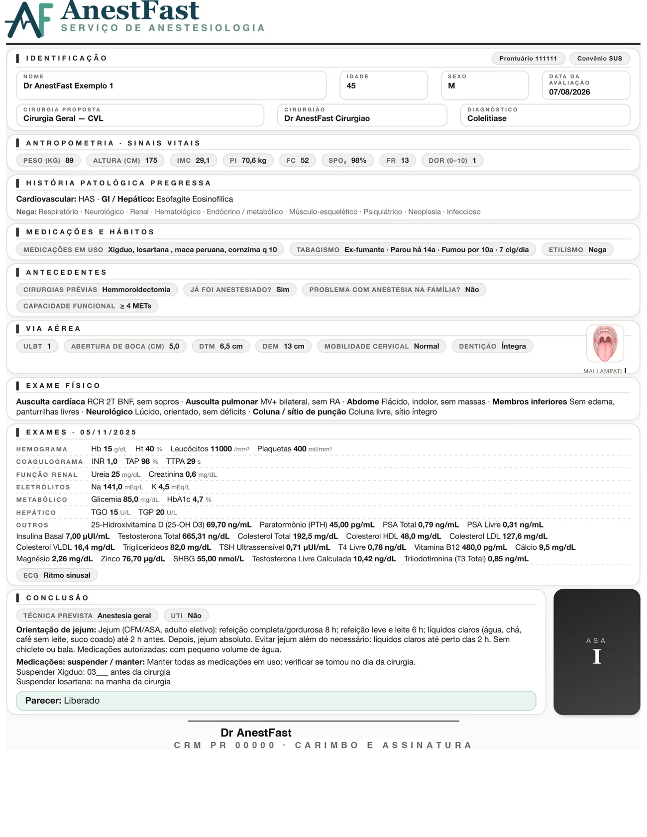 Avaliação pré-anestésica em PDF numa página: identificação, antropometria, história patológica, medicações, via aérea, exame físico, exames e conclusão com parecer e assinatura