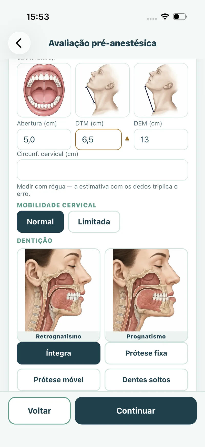 Tela do app: abertura de boca, DTM e DEM com guias visuais, mobilidade cervical e dentição com cartas anatômicas