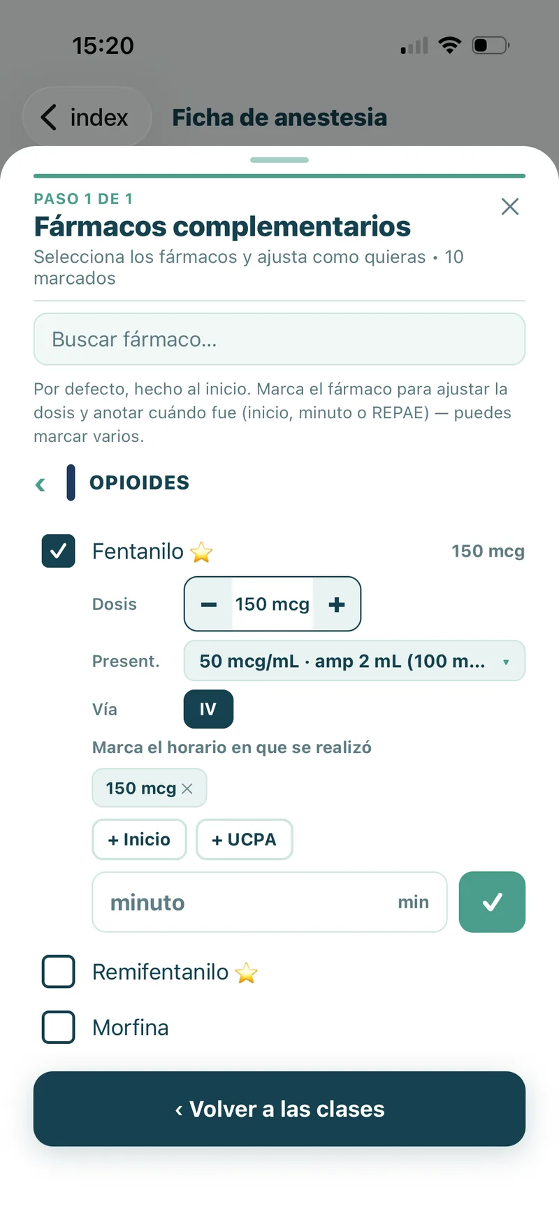 Pantalla de la app: fentanilo con dosis, presentación, vía y horario, incluido el envío a la UCPA