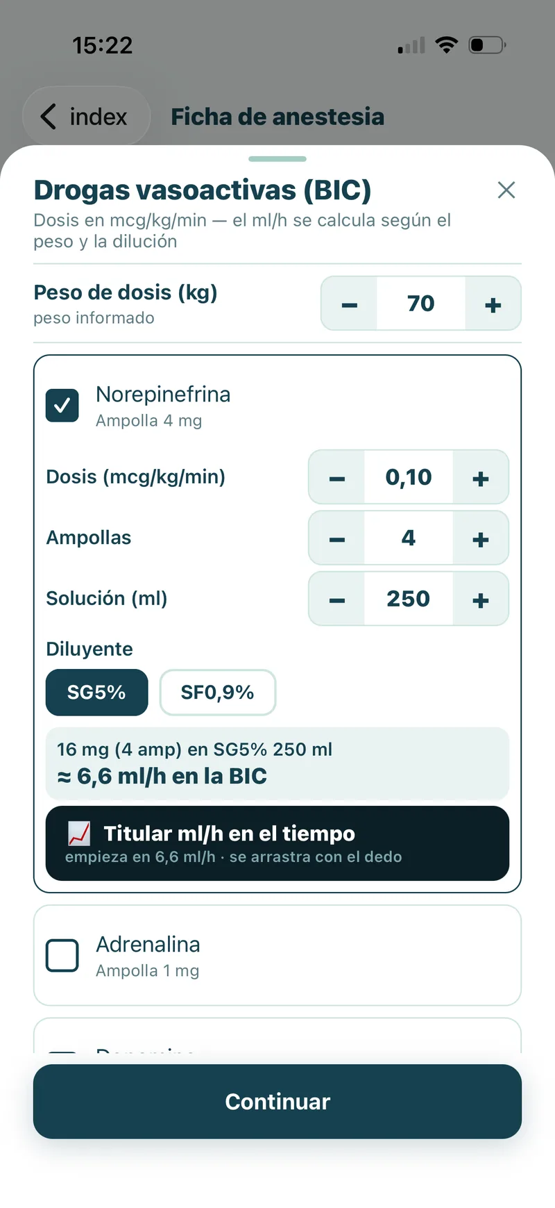Pantalla de la app: drogas vasoactivas en infusión continua, norepinefrina calculada por peso con ml/h
