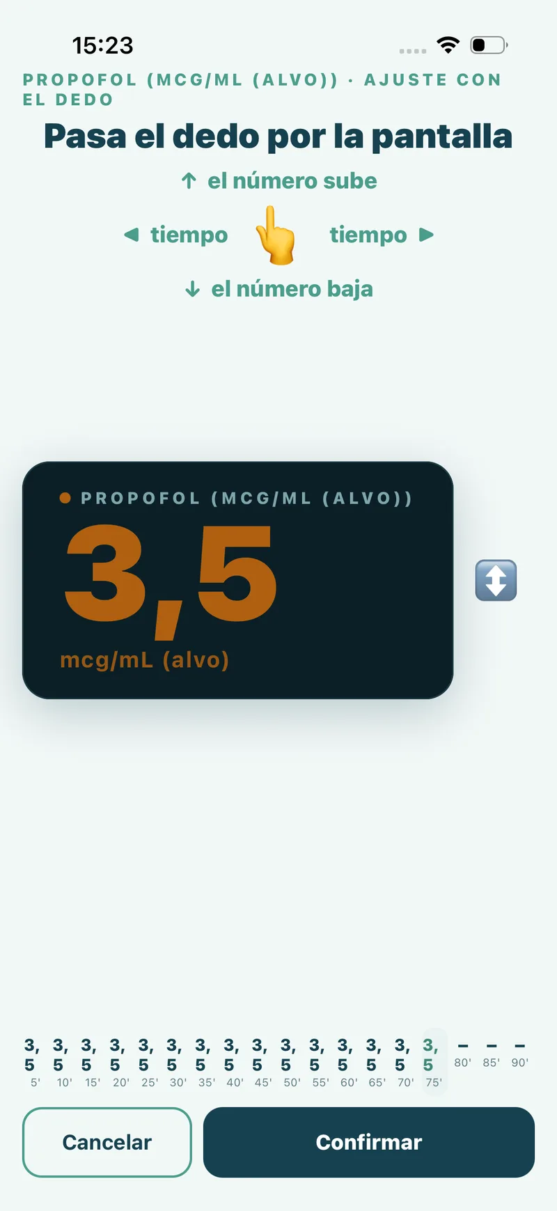 Pantalla de la app: propofol en TIVA con concentración objetivo ajustada con el dedo