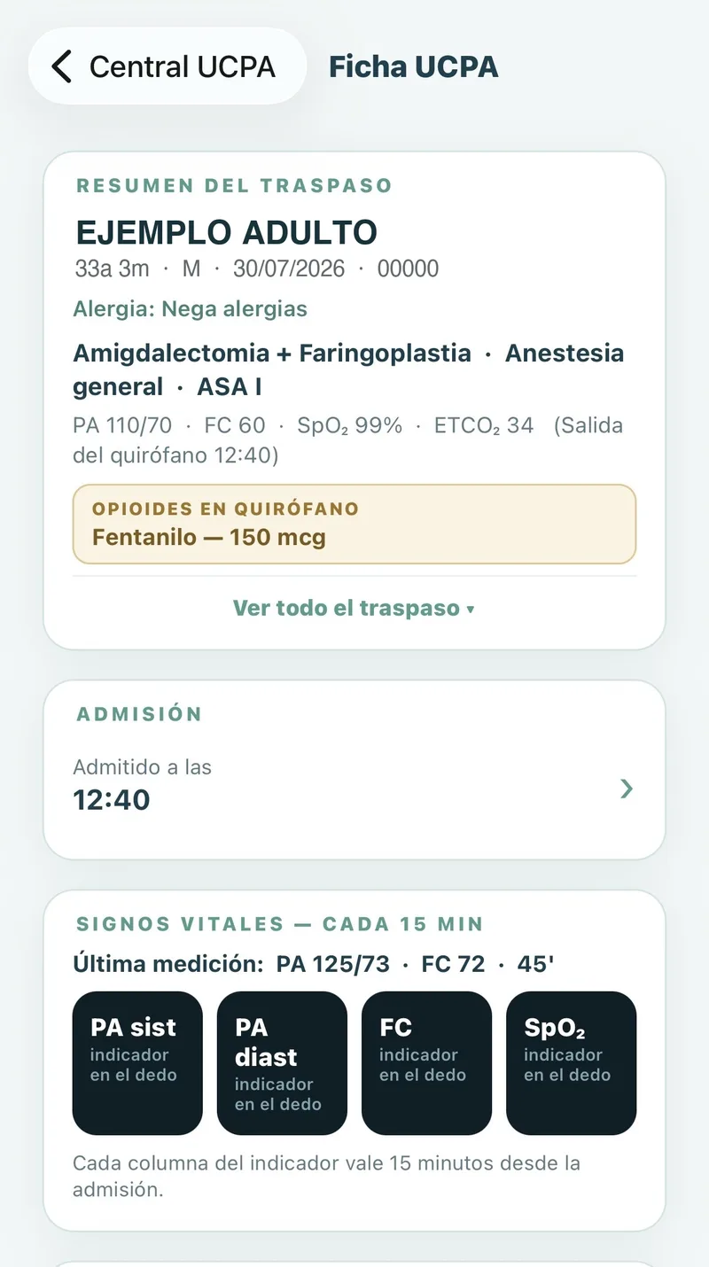 Pantalla de la app: resumen del traspaso a la UCPA con datos del paciente, opioides en quirófano y admisión