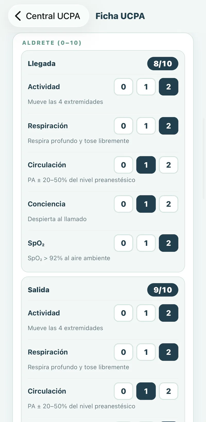 Pantalla de la app: escala de Aldrete de llegada 8 y de salida 9, criterio por criterio