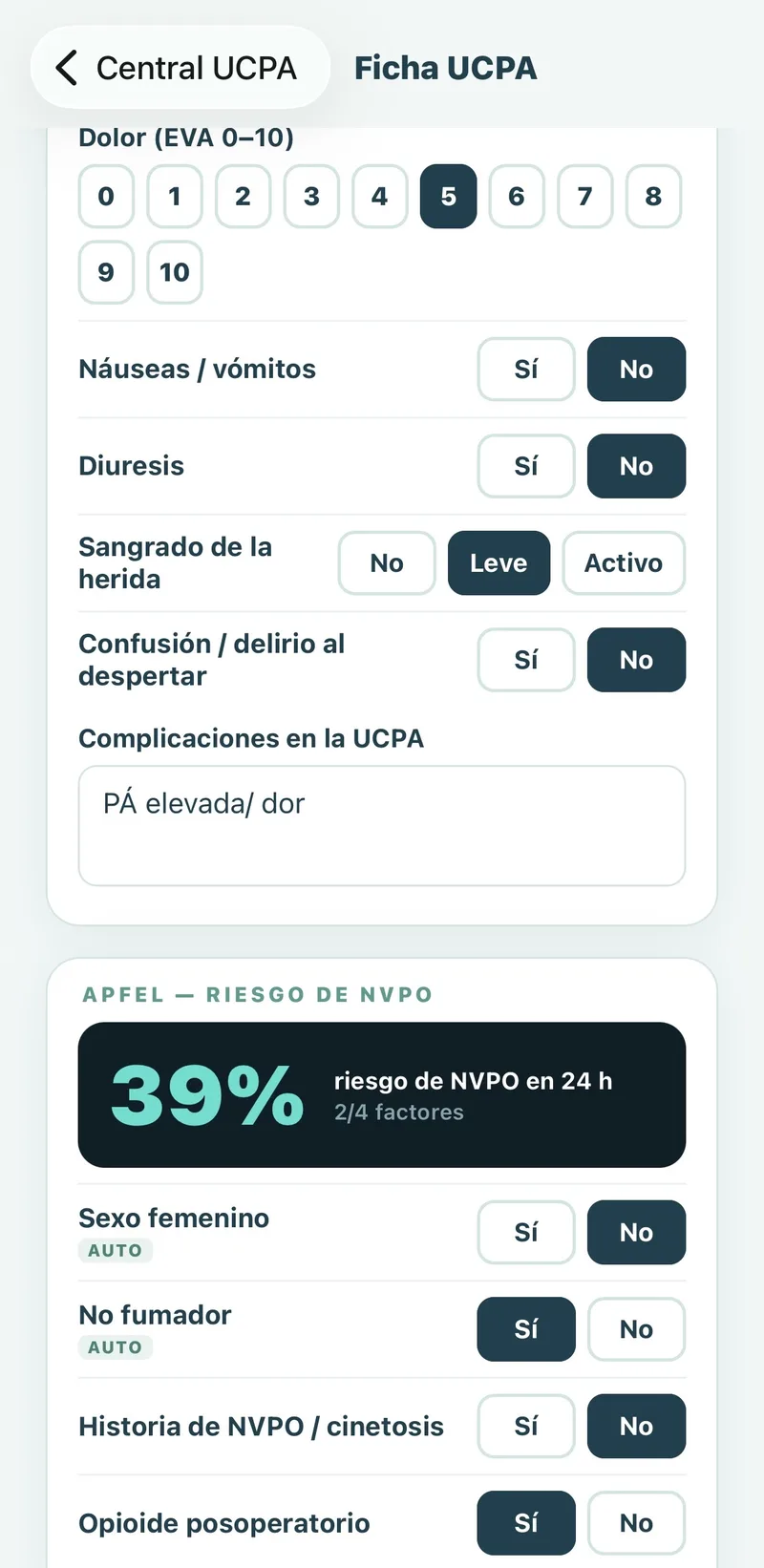 Pantalla de la app: evaluaciones de la UCPA — dolor, náuseas, sangrado — y escala de Apfel con 39% de riesgo de NVPO