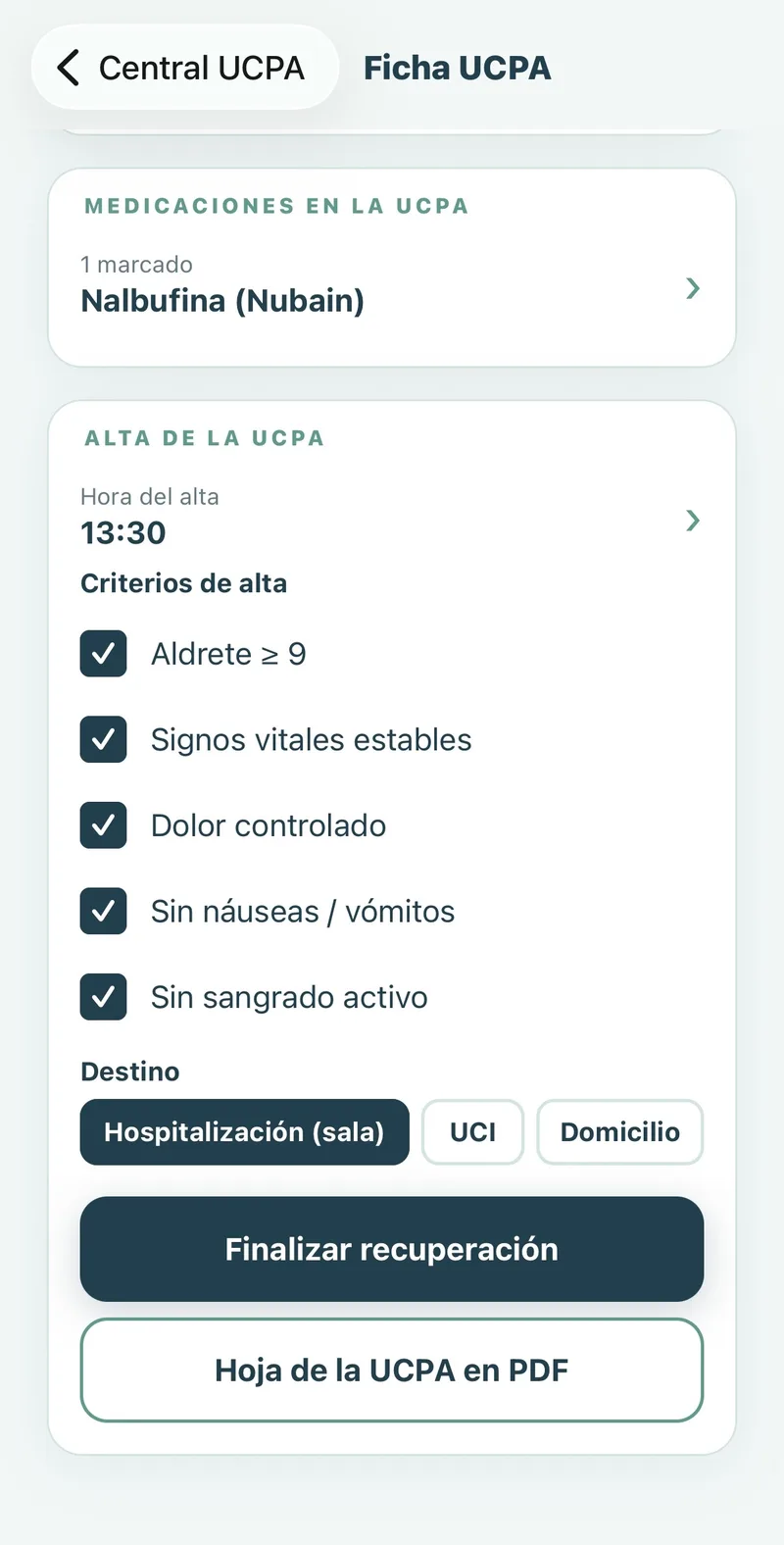 Pantalla de la app: medicaciones en la UCPA, criterios de alta marcados, destino y hoja en PDF