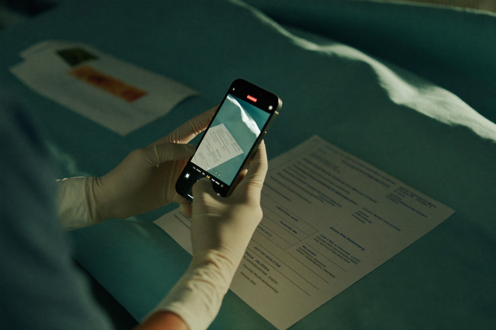 Mãos com luvas cirúrgicas fotografando o prontuário de papel com um iPhone