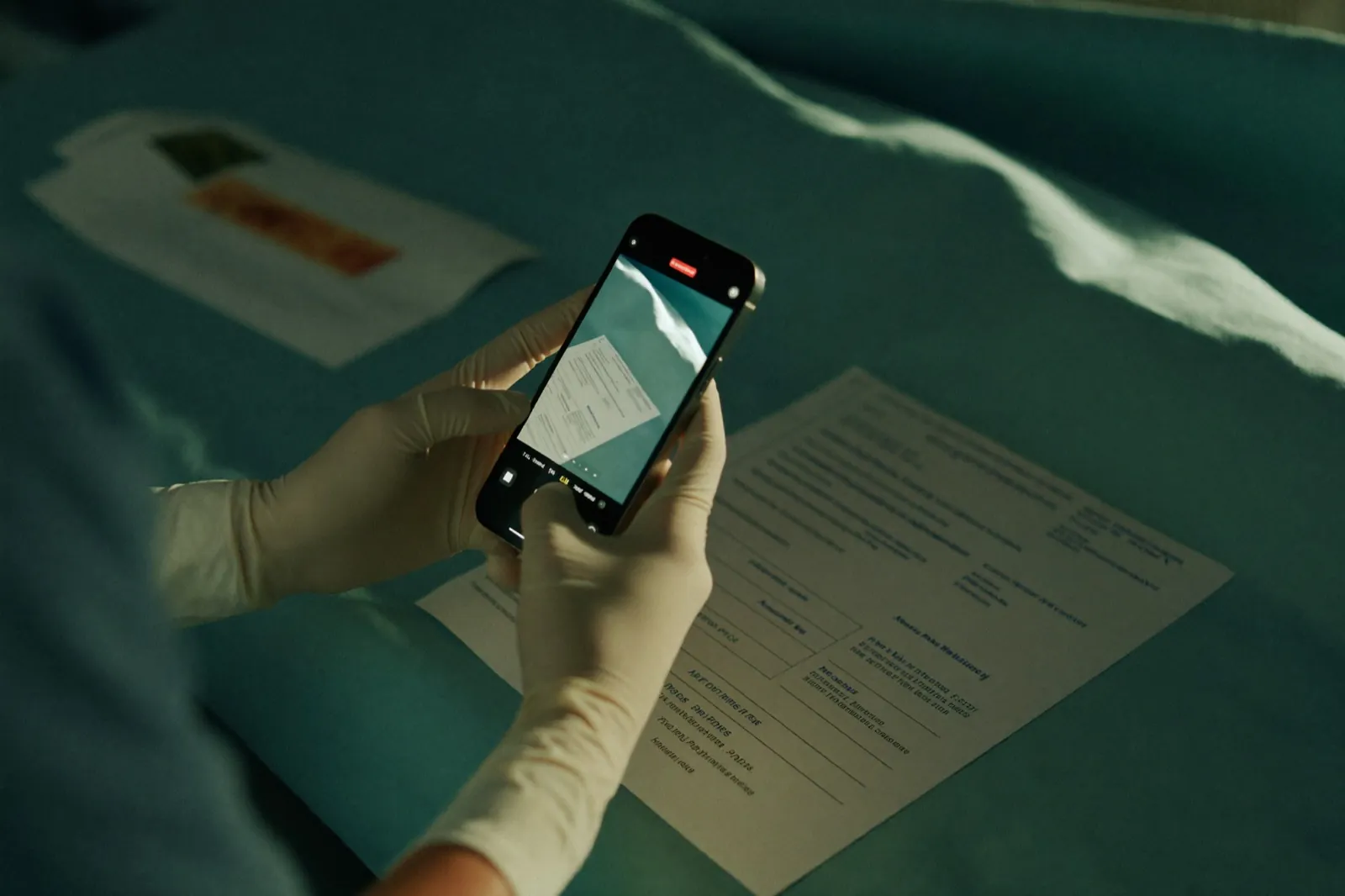Mãos com luvas cirúrgicas fotografando o prontuário de papel com um iPhone
