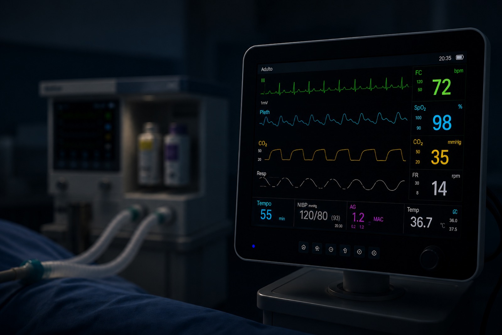 Monitor multiparâmetro de anestesia com FC, SpO₂, capnografia e agentes, curvas coloridas, máquina de anestesia desfocada ao fundo em sala escura