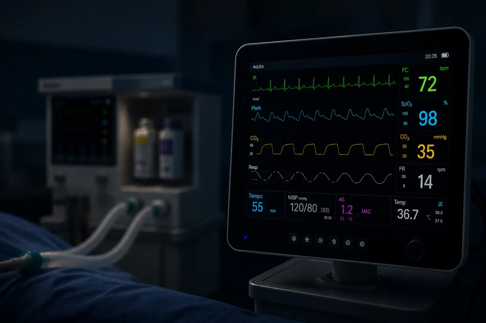Monitor multiparâmetro de anestesia com FC, SpO₂, capnografia e agentes, curvas coloridas, máquina de anestesia desfocada ao fundo em sala escura